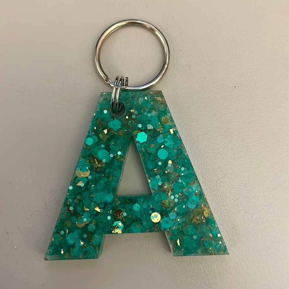 “A” Keychain Turquoise w/Gold Glitter